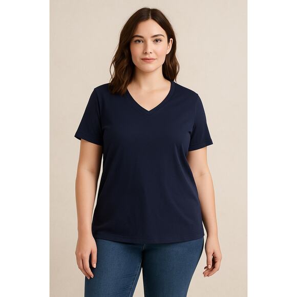 Classic Minimalist Navy Blue Cotton V-Neck Tee Lauren Ralph Lauren XL - Picture 1 of 7
